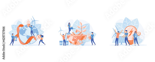 Concept of ecology awareness and sustainability. Eco-friendly people with Earth globe   Happy Earth Day  ecology metaphor  set flat vector modern illustration  