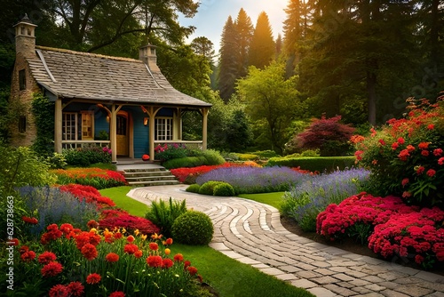 english garden with house and garden generative A