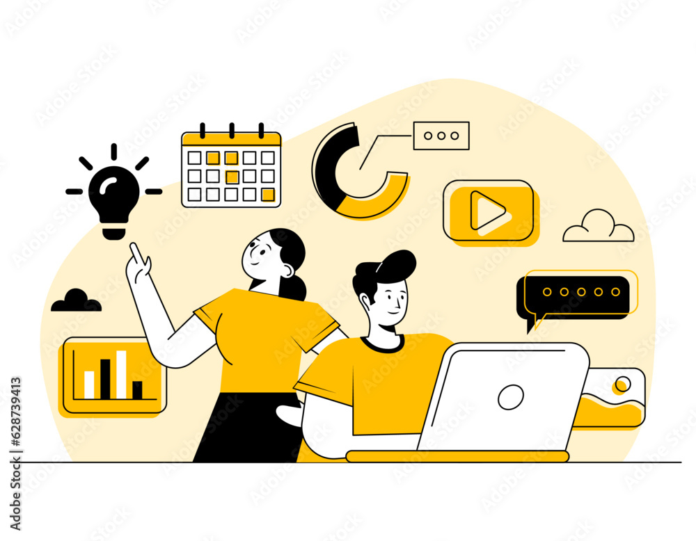 Multitasking business people flat illustration vector concept, brainstorming, Teamwork, Employees working together, New ideas, Problem-solving, Productivity, Time management