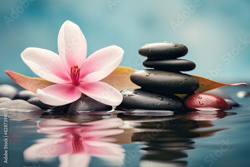 Stack of black zen stones with pink plumeria flower