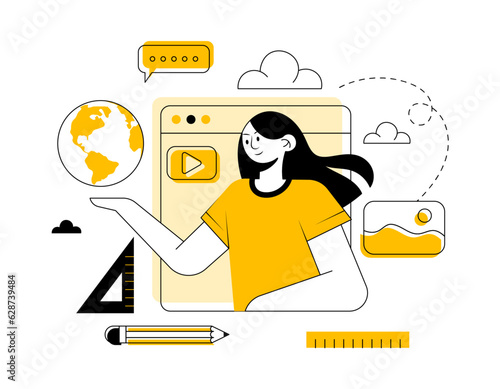 Female student studying online, Online education vector flat illustration concept, Online learning, Student use technology for studies, e-learning