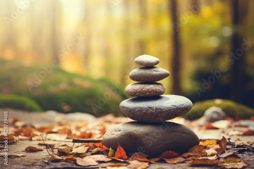 Stack of zen stones in an autumn forest