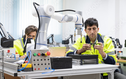 Two male automation machine engineer students studying training Programmable logic controller Technical Industrial Engineer control robotics with monitoring system software, Automation robot arm.