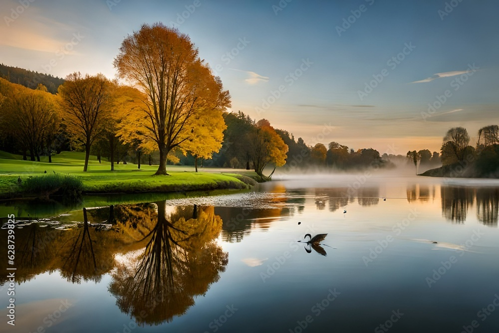 Fototapeta premium autumn landscape with lake GENERATIVE AI