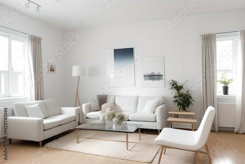 Modern  comfortable and cozy living room interior design. Bright gray fabric sofa  large frame. Generative AI