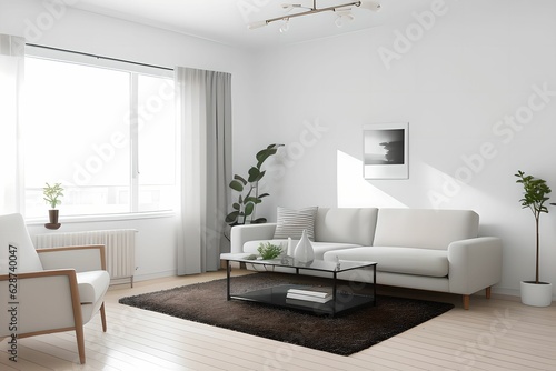 Modern  comfortable and cozy living room interior design. Grey fabric sofa  big window. Generative AI