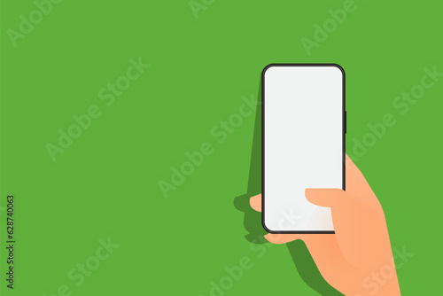 Hand holding mobile phone vertically with white screen in flat style. Black smart phone blank screen in female or male hand for banner. Flat design isolated. 
