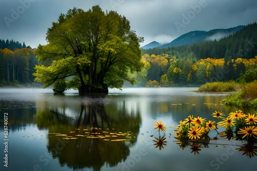 autumn landscape with lake GENERATIVE AI