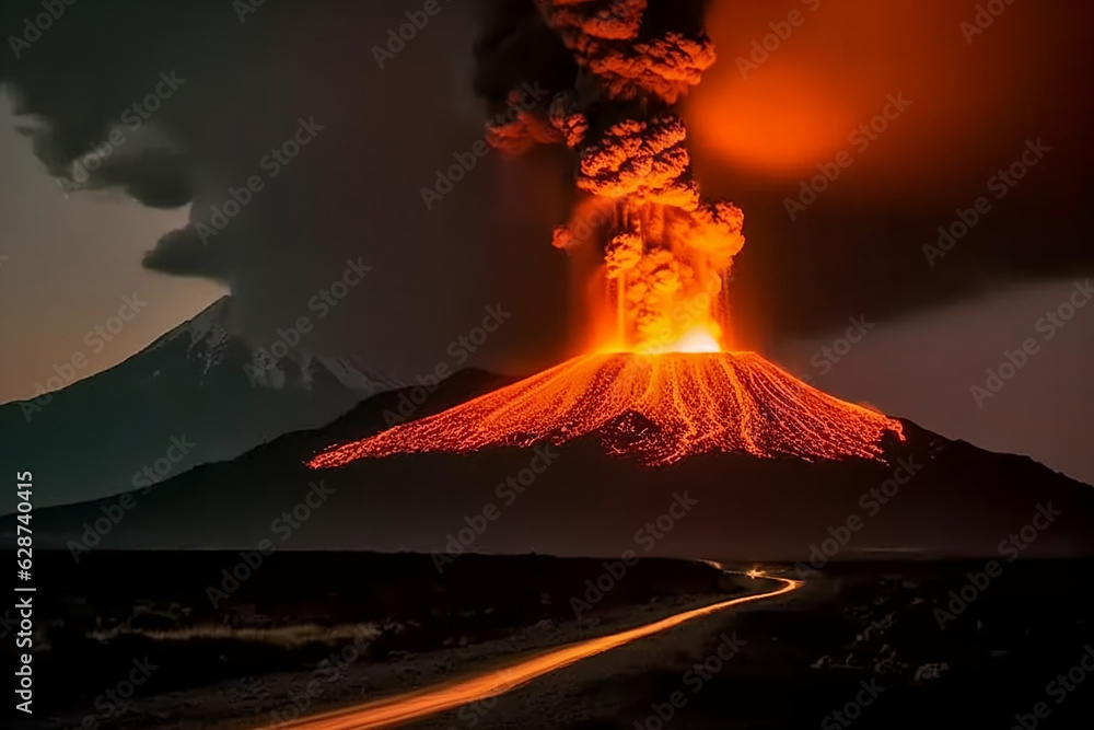 Huge massive Volcano Eruption. A large volcano erupts hot lava and