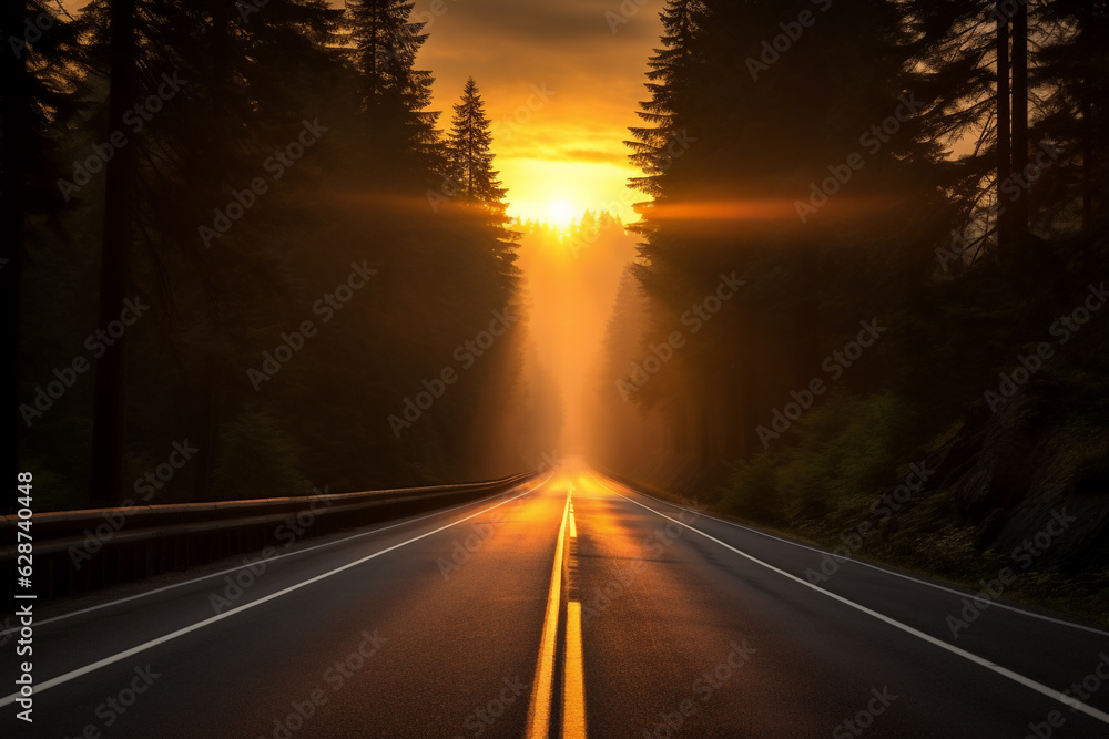 Fototapeta premium Aerial highway road in the forest with morning sun light. Ai generative.