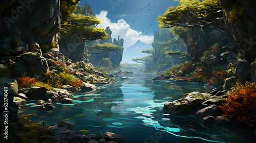 A pond with rocks and trees in the middle of the water and rocks in the middle of the water and rocks in the middle of the water , Generative Ai © Dhananjoy