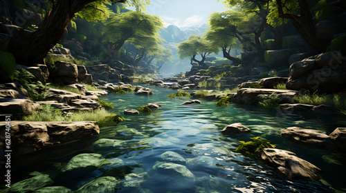 A pond with rocks and trees in the middle of the water and rocks in the middle of the water and rocks in the middle of the water   Generative Ai