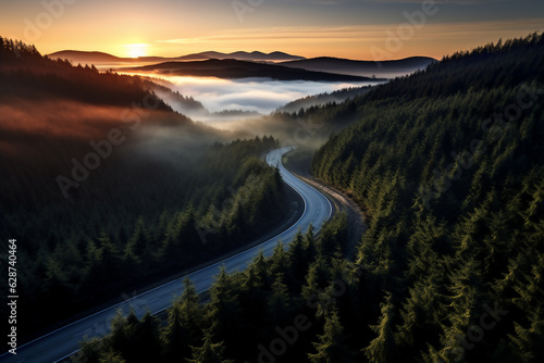 Aerial highway road in the forest with morning sun light. Ai generative.