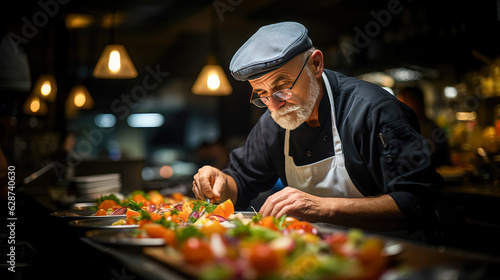 A chef in a white apron, focused on creating a culinary masterpiece in a busy kitchen