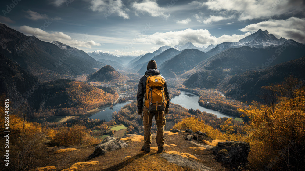 An adventurous hiker standing on a mountain peak, surrounded by stunning wilderness An adventurous hiker standing on a mountain peak, surrounded by stunning wilderness