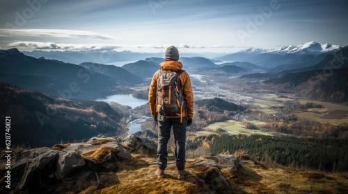 A hiker conquering a mountain peak, taking in the breathtaking vista