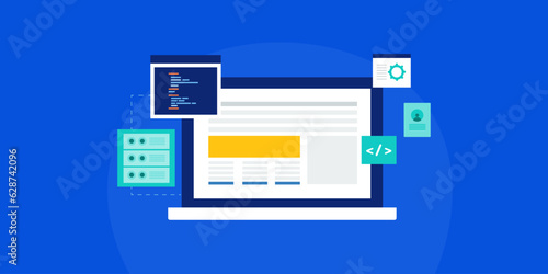 Stack development, web software application programming, coding on window, website design layout on laptop screen, user interface conceptual vector illustration. 