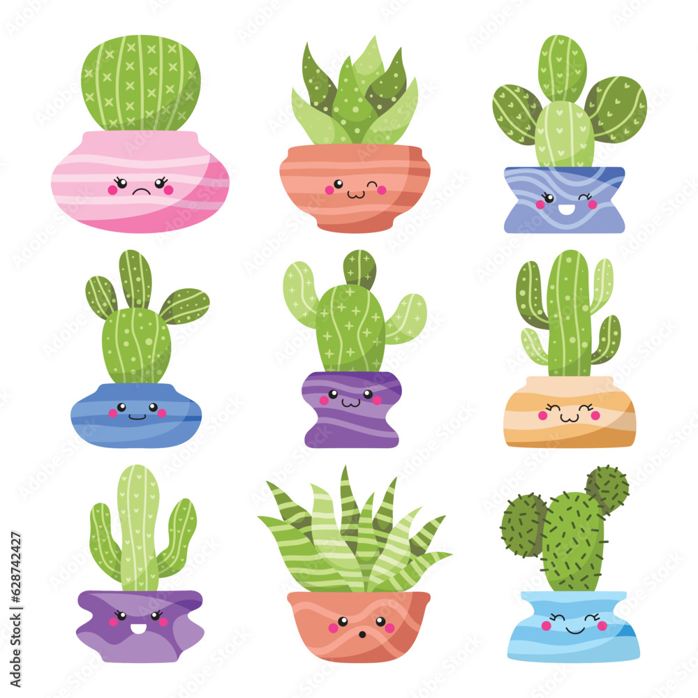 Set of kawaii cactus vector Set of kawaii cactus vector