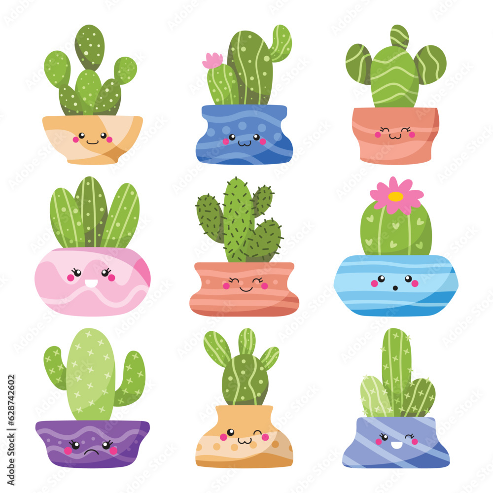 Set of kawaii cactus vector Set of kawaii cactus vector