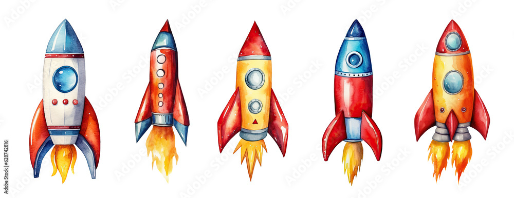 Watercolor illustration of flying rocket isolated on white background Watercolor illustration of flying rocket isolated on white background