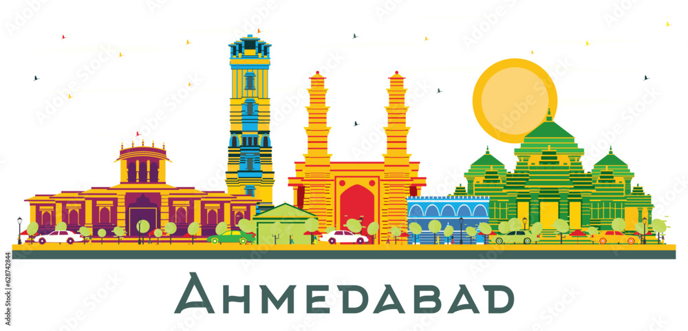 Ahmedabad India city skyline with color buildings and blue sky. Business travel and tourism concept with historic architecture.