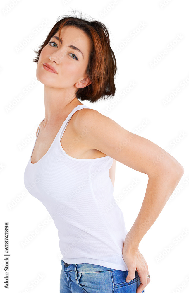 Fashion, confident and portrait of woman with style, trendy and cool clothes isolated in a transparent or png background. Natural, beauty and young female person in casual or edgy jeans outfit Fashion, confident and portrait of woman with style, trendy and cool clothes isolated in a transparent or png background. Natural, beauty and young female person in casual or edgy jeans outfit