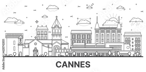 Outline Cannes France City Skyline with Modern and Historic Buildings Isolated on White. Cannes Cityscape with Landmarks.
