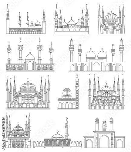 Set of islamic mosques. Outline buildings. Religious symbols.