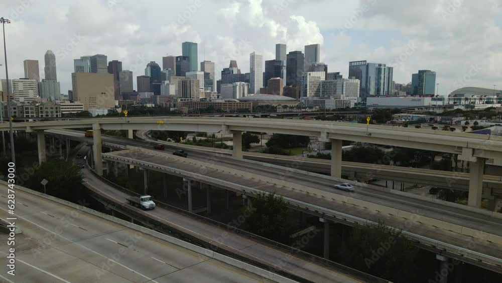 Aerial Drifting Over Highways In Houston Texas With Downtown Skyline In Distance Aerial Drifting Over Highways In Houston Texas With Downtown Skyline In Distance