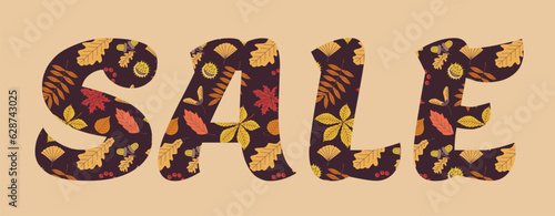 Inscription sale of pattern of autumn plant elements. Vector illustration of fruits and leaves in autumn colours.
