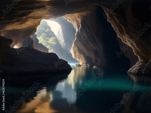 Natural landscape cave in beautiful light and tranquil haven Created with Generative AI technology.