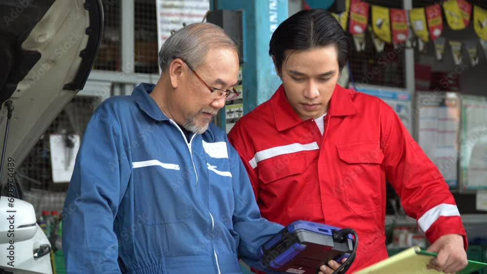 senior asian car mechanic manager training apprentice to checking car engine by Diagnostics Software repair in garage . old asia Auto mechanic teaching trainee or assistant on the repair shop . senior asian car mechanic manager training apprentice to checking car engine by Diagnostics Software repair in garage . old asia Auto mechanic teaching trainee or assistant on the repair shop .