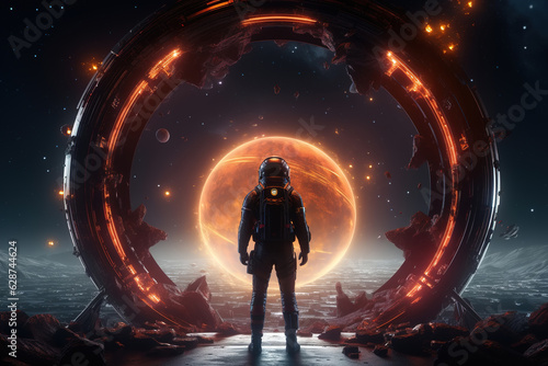 Science fiction, space exploration, astronomy illustration. Back view of an astronaut and a glowing intergalactic portal in space