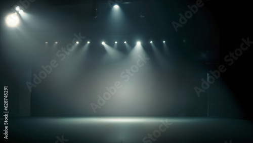 Bright stadium arena lights, Smoke bombs, empty dark scene, neon light, spotlights The concrete floor and studio room with smoke float up the interior texture, 