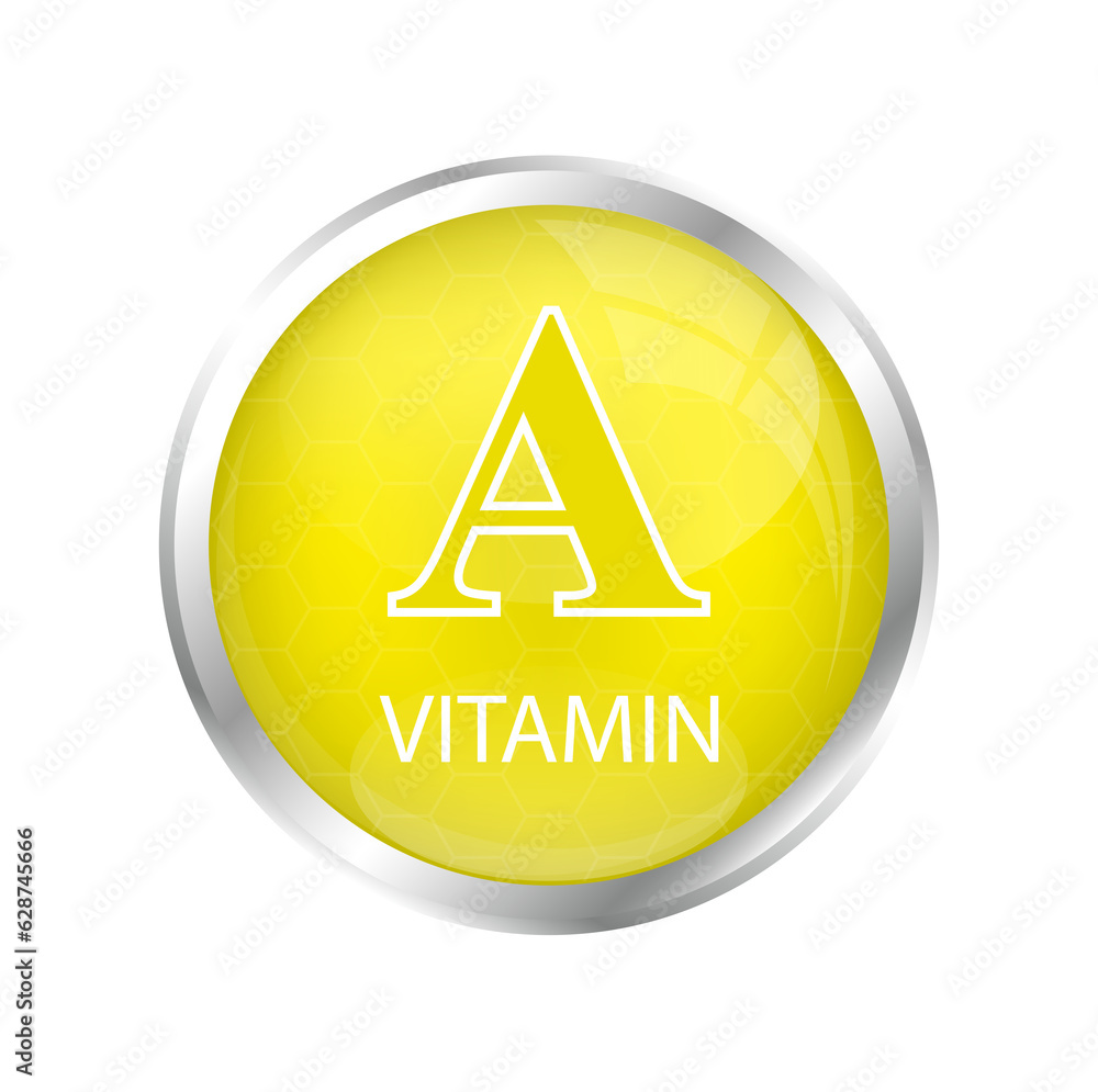 Vitamin A icon and structure isolated on cut out PNG. Yellow balls with vector illustration on yellow mix orange isolated background.3D Vitamin complex with chemical formula. Drug business concept.