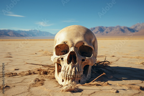 Human white skull with teeth left on desert sand of tropical paradise uninhabited rocky island. High mountains on the background. Mystery adventure story concept. Generative AI Technology © Valeriia