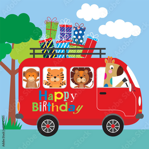 Happy birthday card with cute animals in the car