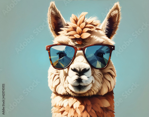 A frontal face of a alpaca wearing sunglasses logo, icon, low poly, illustration, closeup