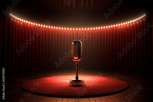 Fototapeta Close up stage microphone with red curtains and bokeh