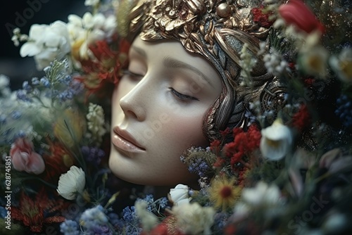 3D Render Hyper Realistic Portrait of an Enchanting Female in Beautiful Floral Surroundings