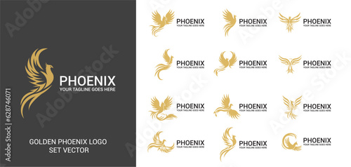 Golden phoenix bird logo set vector design