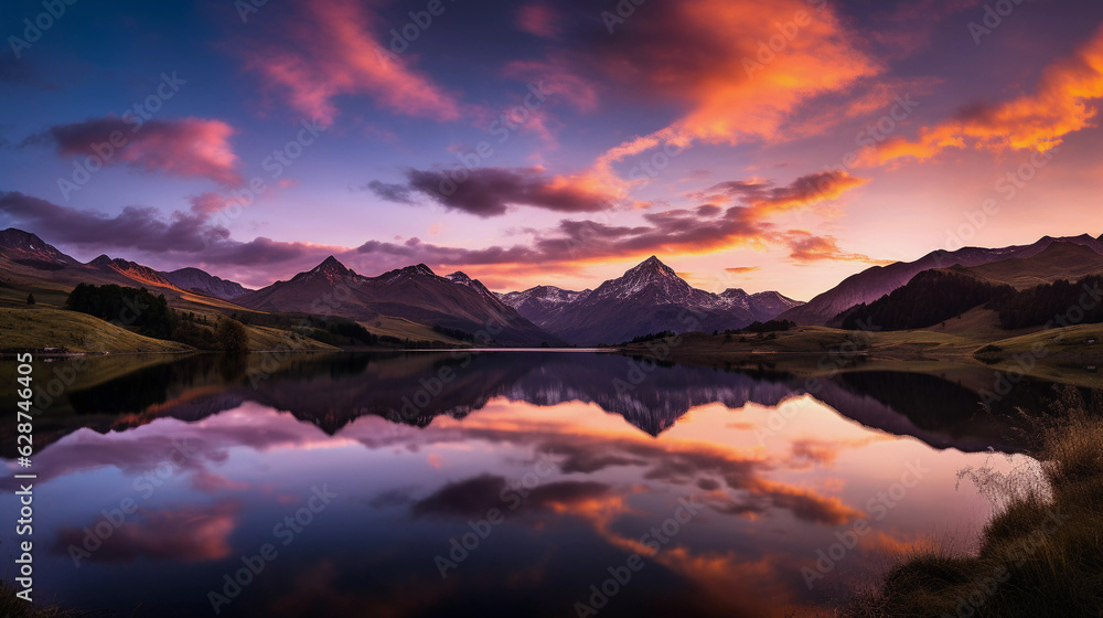 A beautiful lake among the mountains against the backdrop of sunset or dawn.
