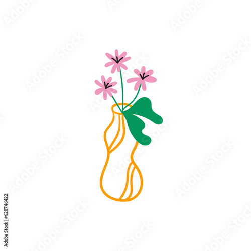 Bouquet of flowers in vase clipart, flowers with leaves, simple hand drawn illustration, modern colorful vector illustration of abstract florals, isolated on white background