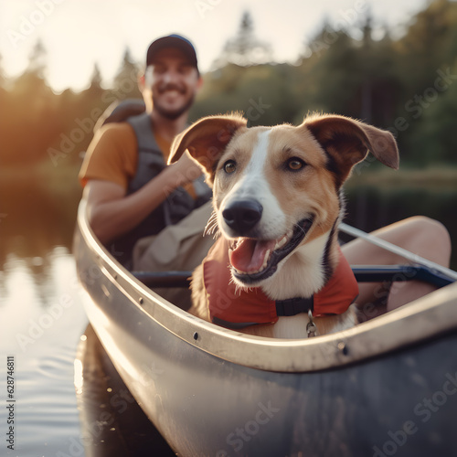 Fotografija A young man rowing a canoe with his aspin dog in sunny autumn weather
