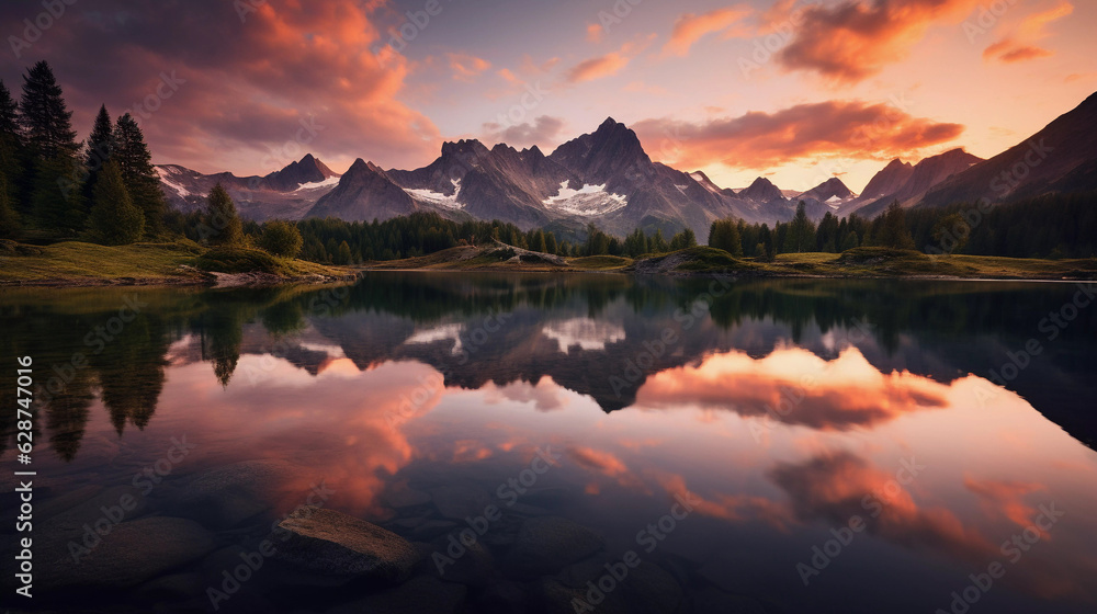 A beautiful lake among the mountains against the backdrop of sunset or dawn. A beautiful lake among the mountains against the backdrop of sunset or dawn.