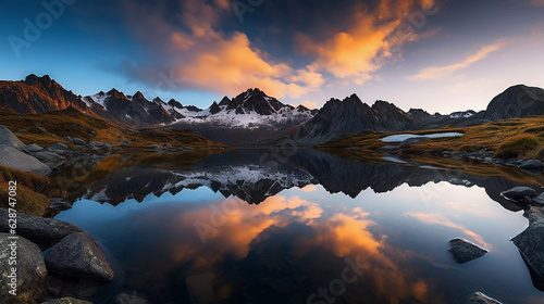 A beautiful lake among the mountains against the backdrop of sunset or dawn.