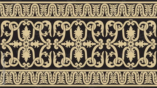 Vector gold and black seamless classic renaissance ornament. Endless european border, revival style frame..