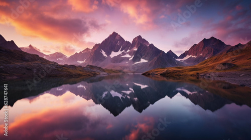 A beautiful lake among the mountains against the backdrop of sunset or dawn.