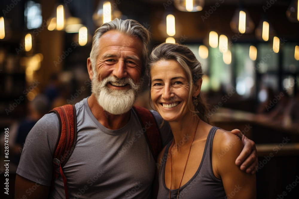 Senior cheerful active smiling mature couple looks happy sitting in the restaurant cafe bar, happily retired. Romantic elderly still in love lifestyle timespending, family good relationship concept. 