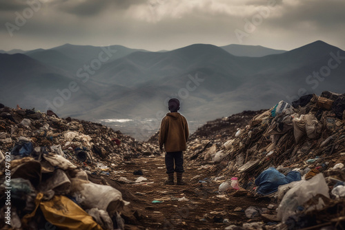 Environmental problem in poor country. Kid standing in garbage at the city dump surrounded by polluted air. Little child dressed in tattered clothes at the towering mountains of trash. Generative AI
